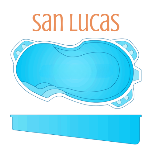Diagram of a blue San Lucas swimming pool design, with top-down and side view, on a white background.