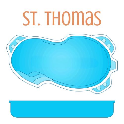 A light blue, irregular-shaped swimming pool design with shallow steps and a surrounding patio, labeled