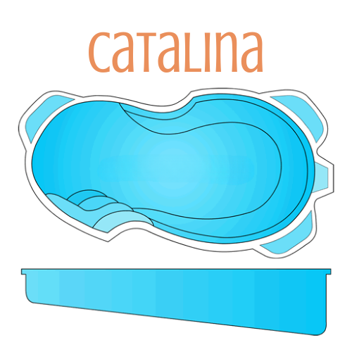 Top-down and side view of a blue, kidney-shaped swimming pool.