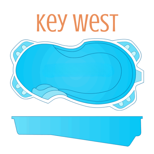 Top-down and side view of a blue Key West swimming pool design. Light blue water, curved edges, steps, tan text.