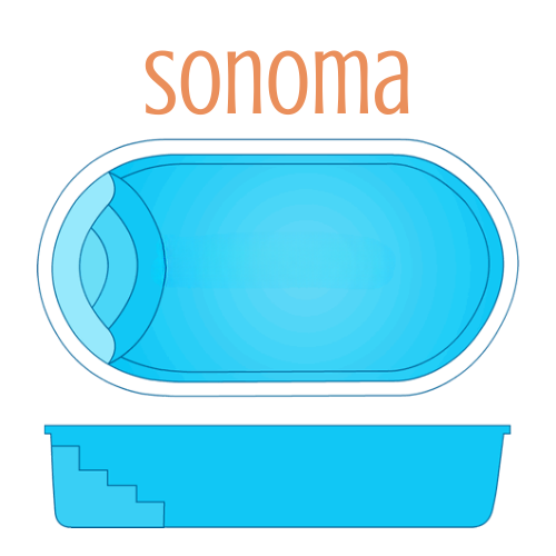Diagram of a Sonoma pool: light blue, oval shape with steps at one end; side view shows the steps.