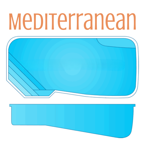 Diagram of a blue Mediterranean-style swimming pool, including top and side views.