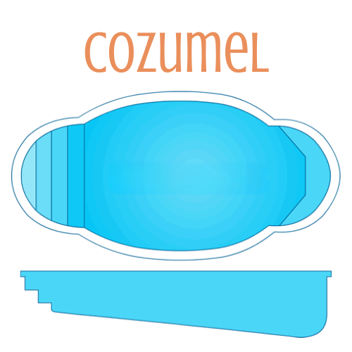 Cozumel pool design. Overhead view and cross-section show a freeform pool with steps and a bench. Blue water.