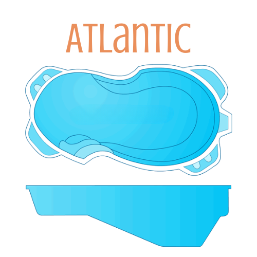 Diagram of a blue Atlantic pool. Top-down view and side profile, with steps and attached seating areas.