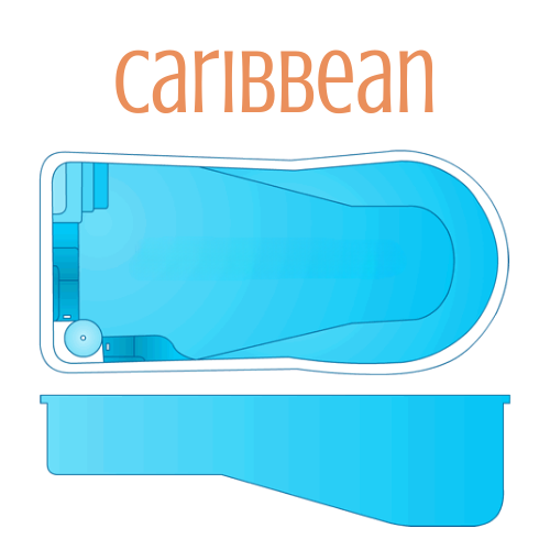 Top-down and side view of a blue, kidney-shaped swimming pool design, labeled