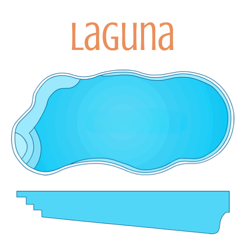 Diagram of a freeform Laguna pool, blue water, with attached steps and a depth profile.