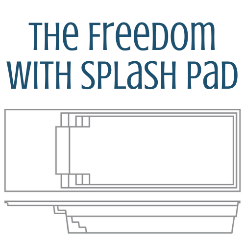 Diagram of a rectangular pool with a splash pad and steps. Text reads