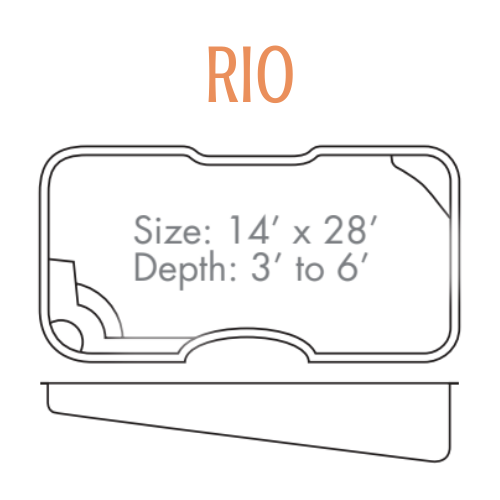 Diagram of Rio pool, rectangular with rounded corners, a shallow end and deep end. Size: 14' x 28'. Depth: 3' to 6'.