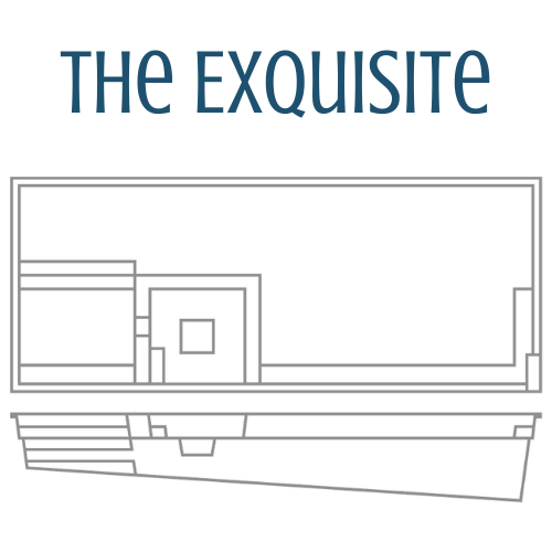 Top-down and side view of a rectangular pool with a built-in spa and steps, labeled