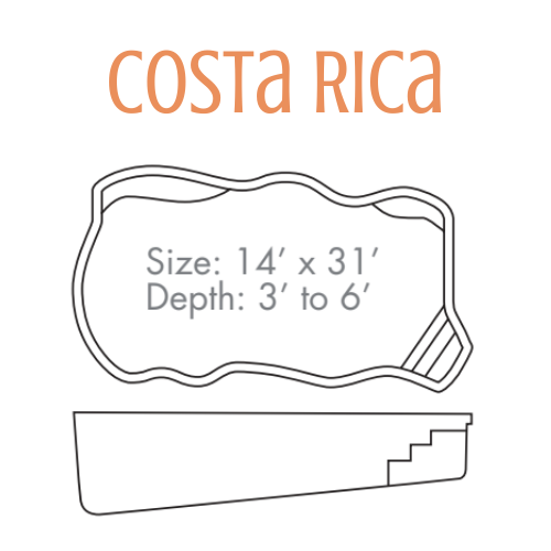 Pool design with dimensions: 14' x 31', depth 3' to 6'.