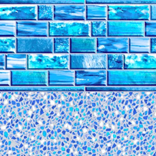 Blue brick-like tiles above a speckled blue and white pattern, likely a pool's interior design.