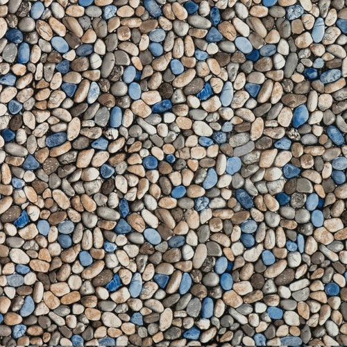 Close-up of a pebbled surface with tan, gray, and blue stones.