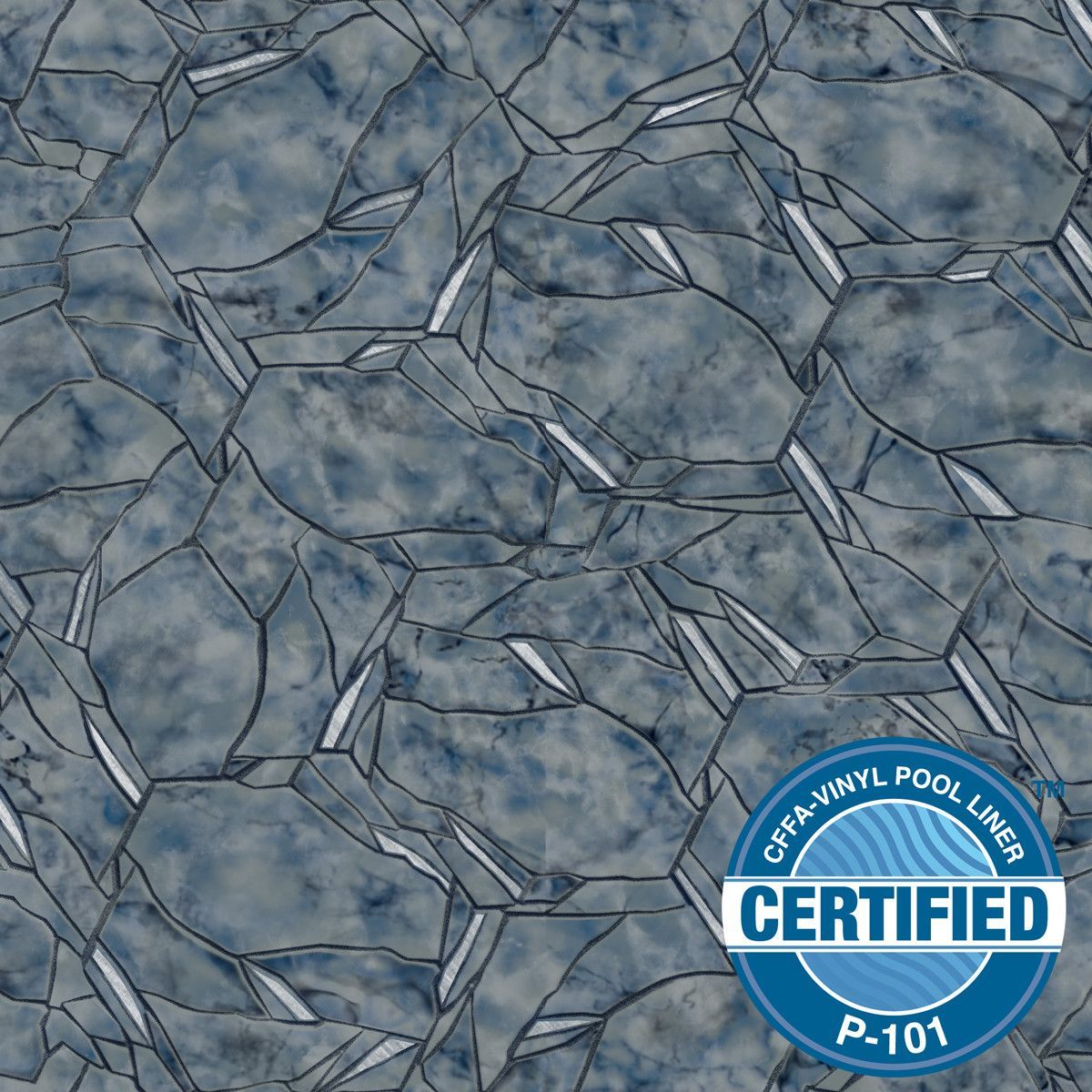 Pool liner with blue and gray geometric stone pattern, certified by CFPA.