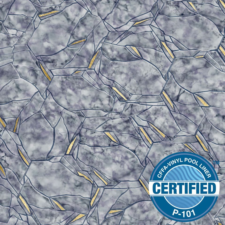 Abstract pool liner pattern, featuring gray stone with golden accents and geometric shapes.