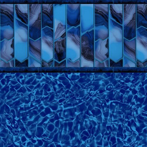 Blue pool with water and patterned tile border.