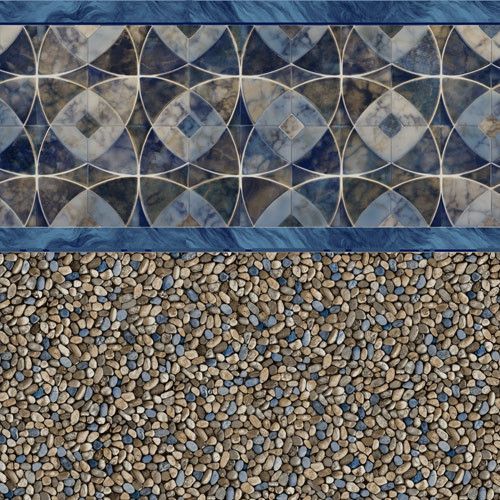 Pool liner with blue tile border and pebble-like pattern at the bottom.