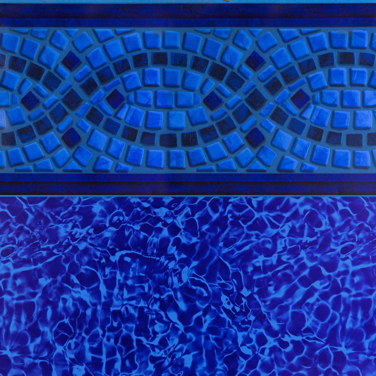 Blue ceramic tile with mosaic border above textured pattern.