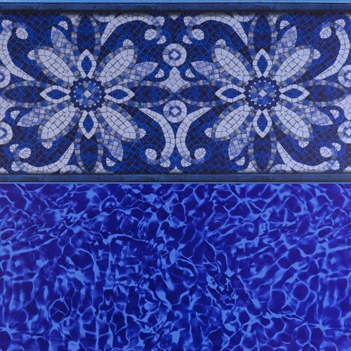 Decorative blue pool tile border with floral mosaic design above water effect.