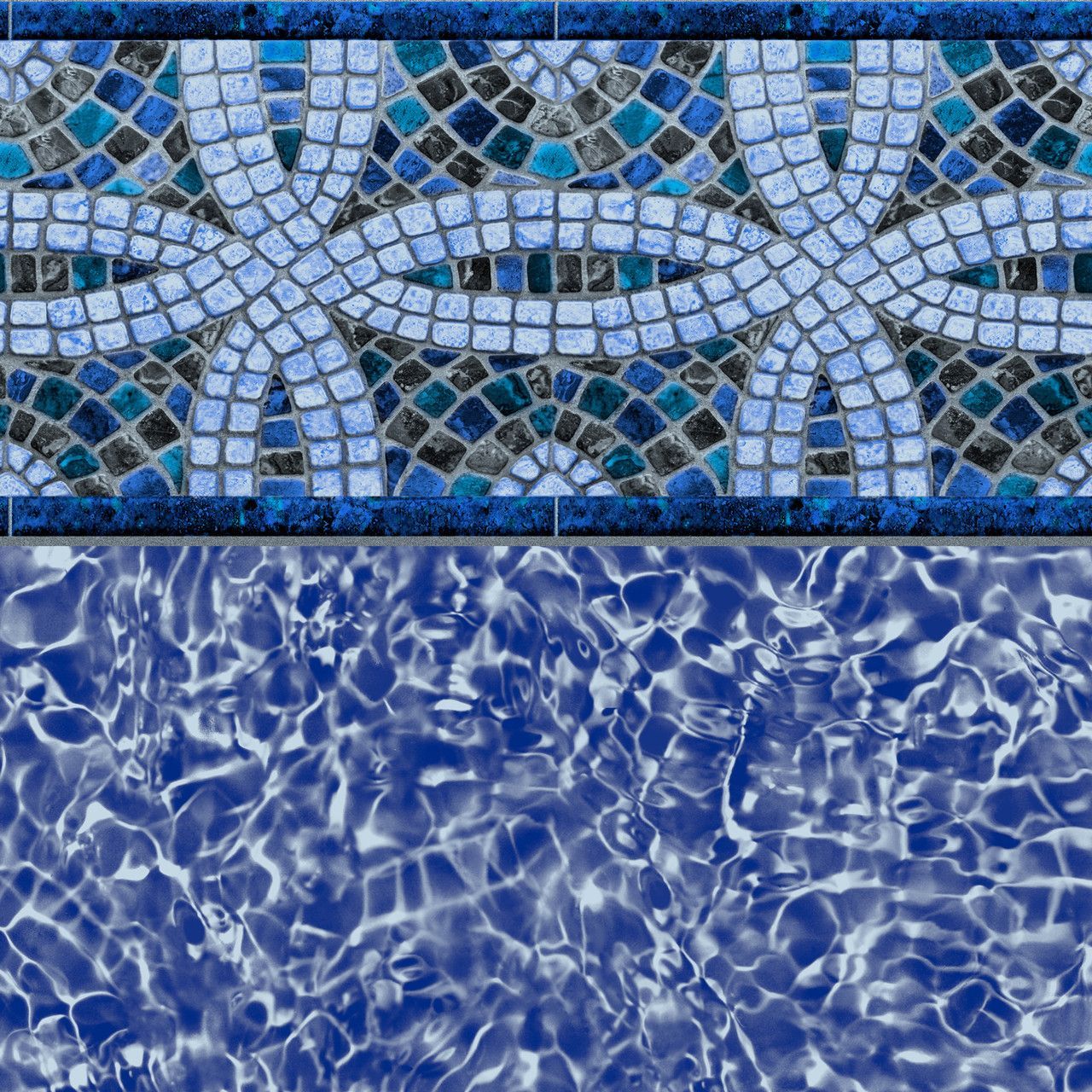 Mosaic tile pool border, blue and black, with a rippled blue water pattern.