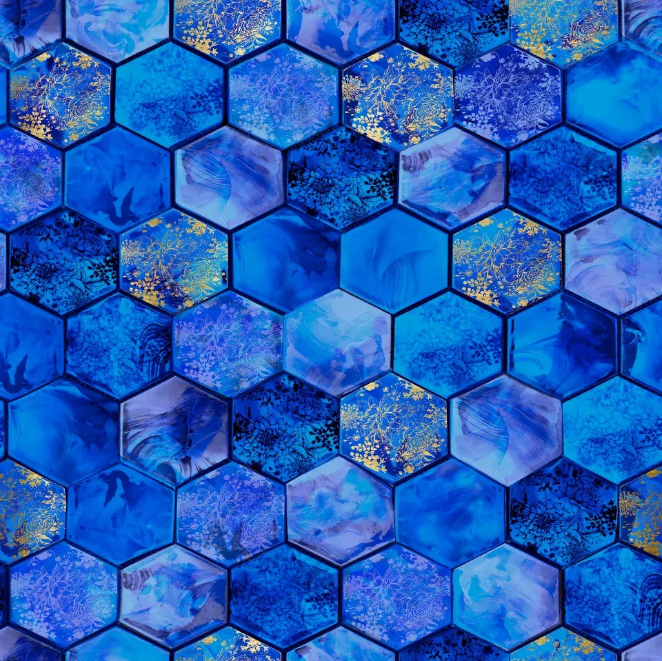 Blue hexagon tile mosaic with gold accents.