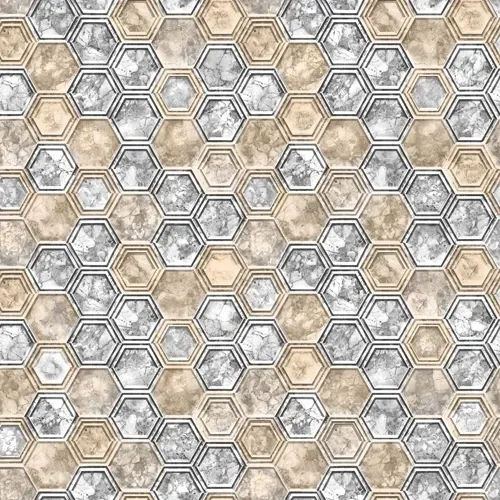 Hexagonal tile pattern in alternating beige and silver-gray tones.