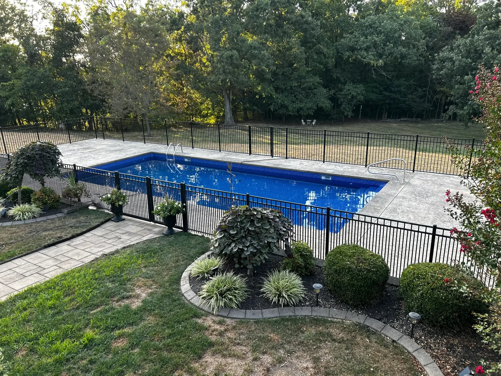 Backyard pool with black fence and landscaping, surrounded by green grass and trees.