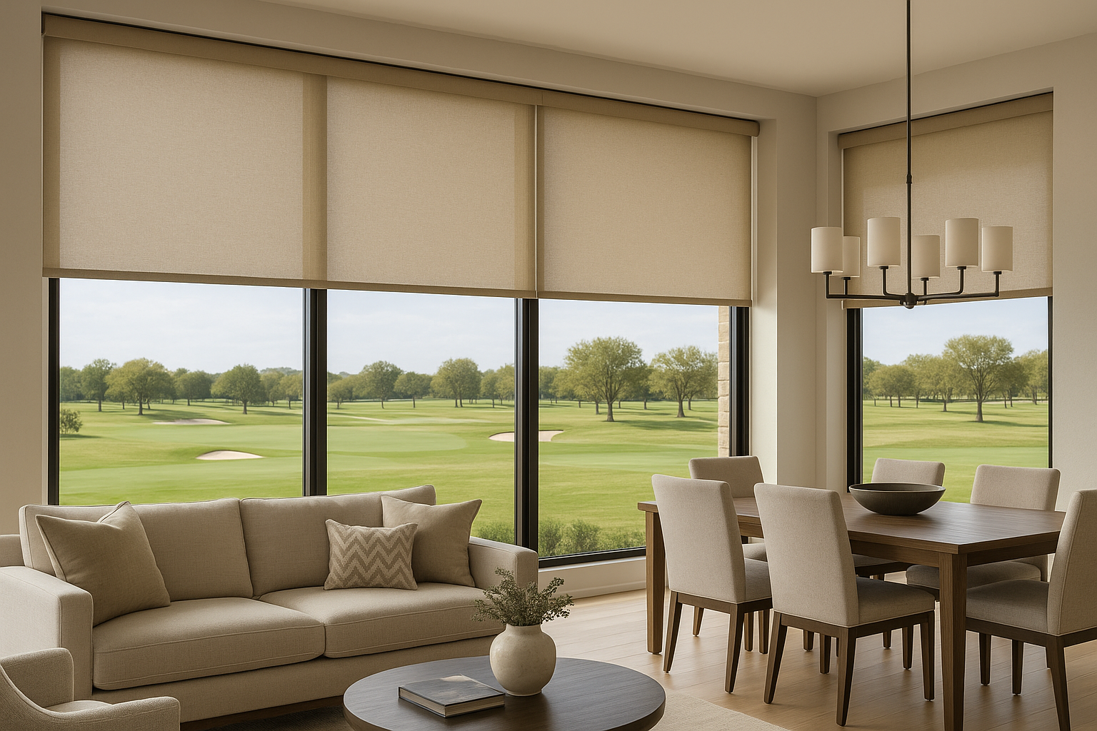 Living room with large windows, neutral-toned furniture, and golf course view.