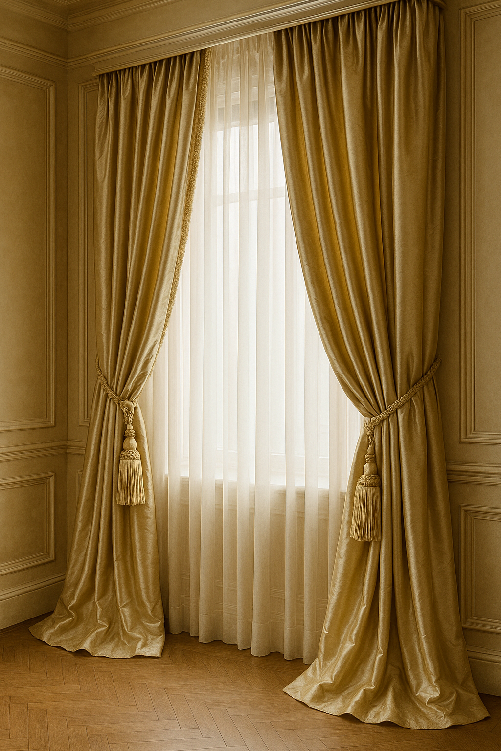 A red curtain is hanging over a window with the sun shining through it.