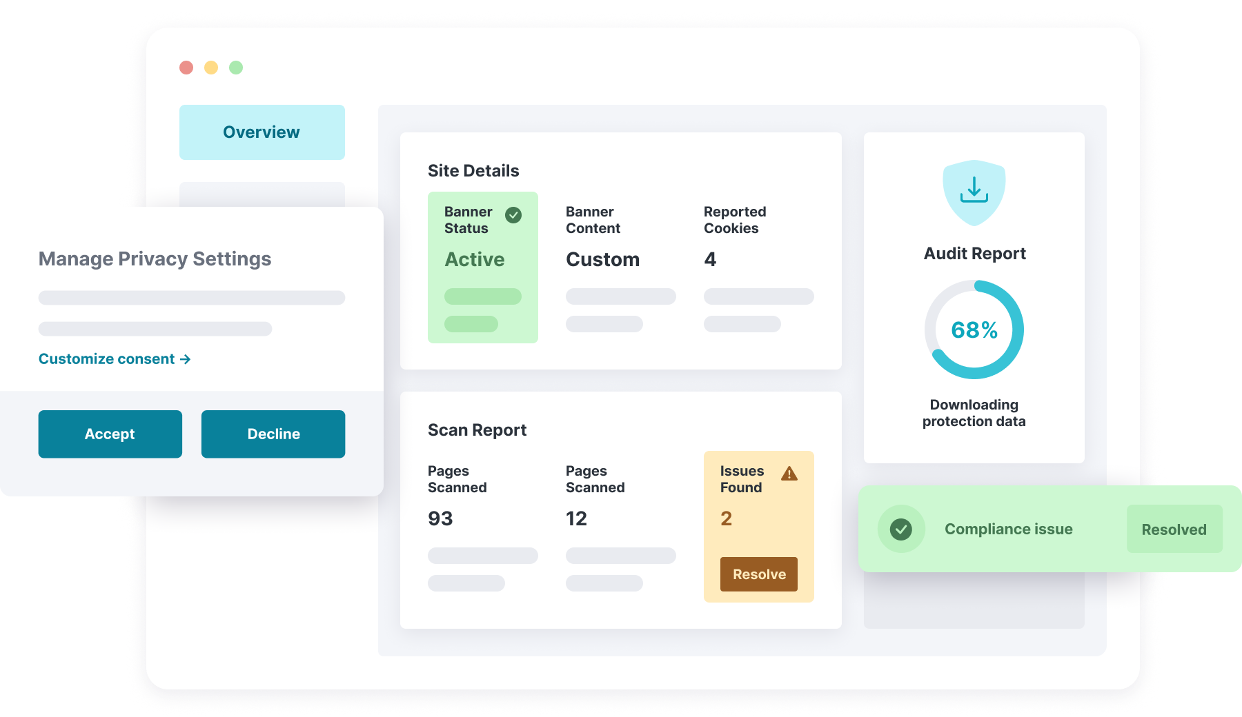 A minimalist illustration of a software dashboard displaying various statuses and reporting data.