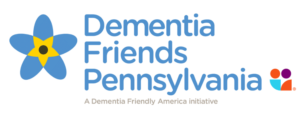 A logo for dementia friends pennsylvania with a blue flower