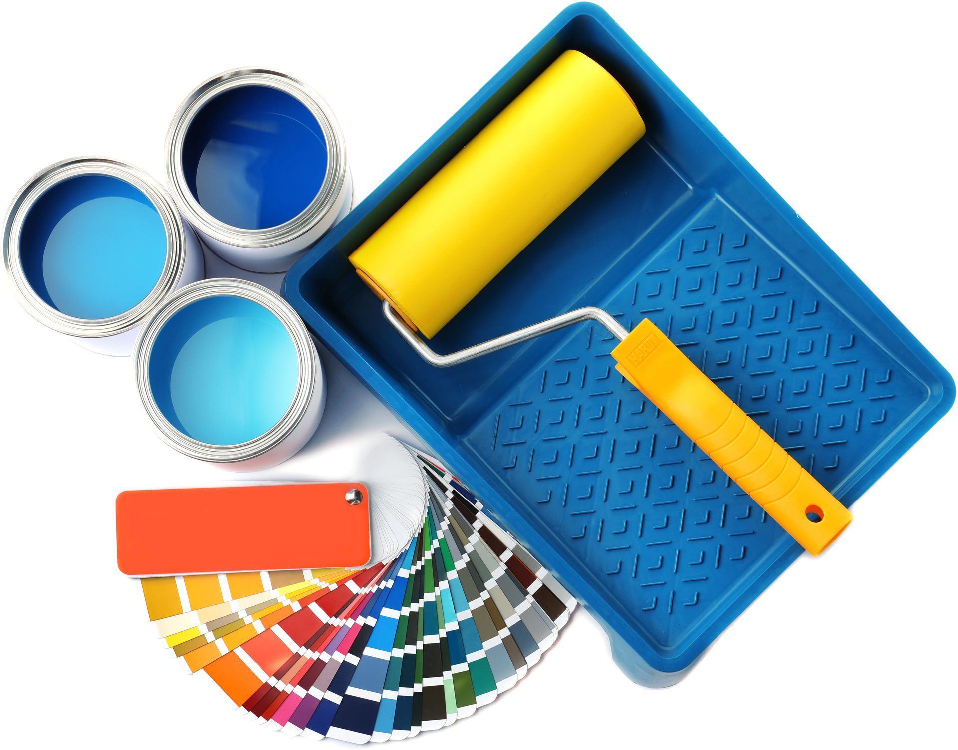 Paint cans (blue hues), paint roller, paint tray, and color swatches.