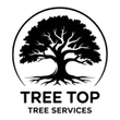 Black and white logo: Silhouette of a tree within a circle, with "TREE TOP TREE SERVICES" below.