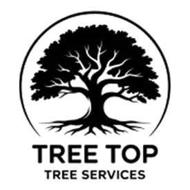 Black and white logo: Silhouette of a tree within a circle, with "TREE TOP TREE SERVICES" below.