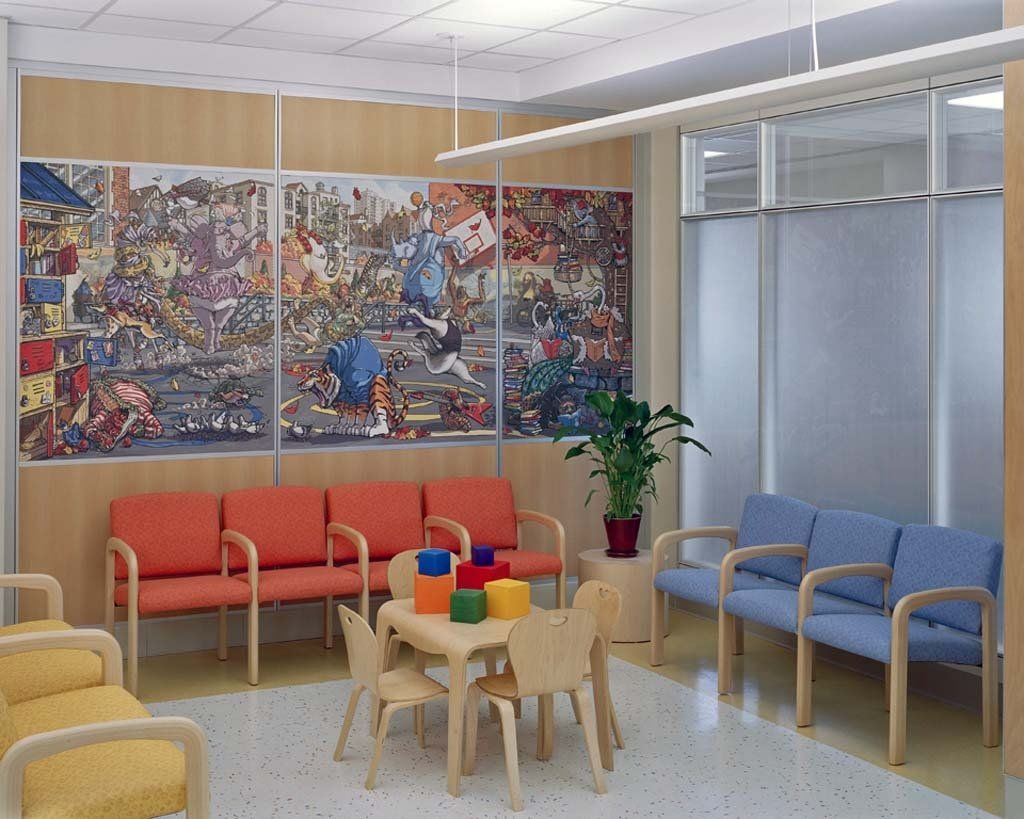 A children 's waiting room with a mural on the wall