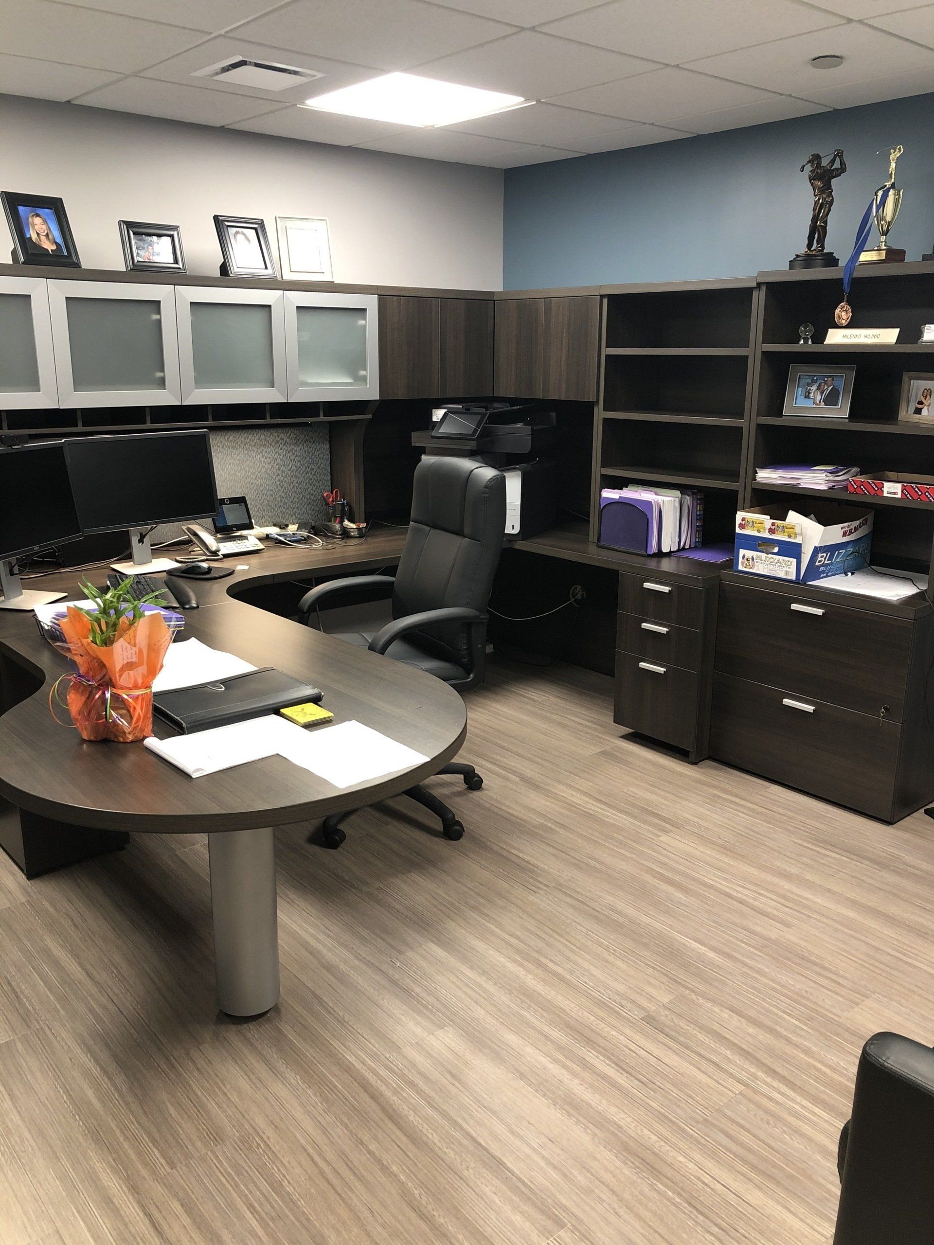 An office with a desk and chairs and a statue on the wall
