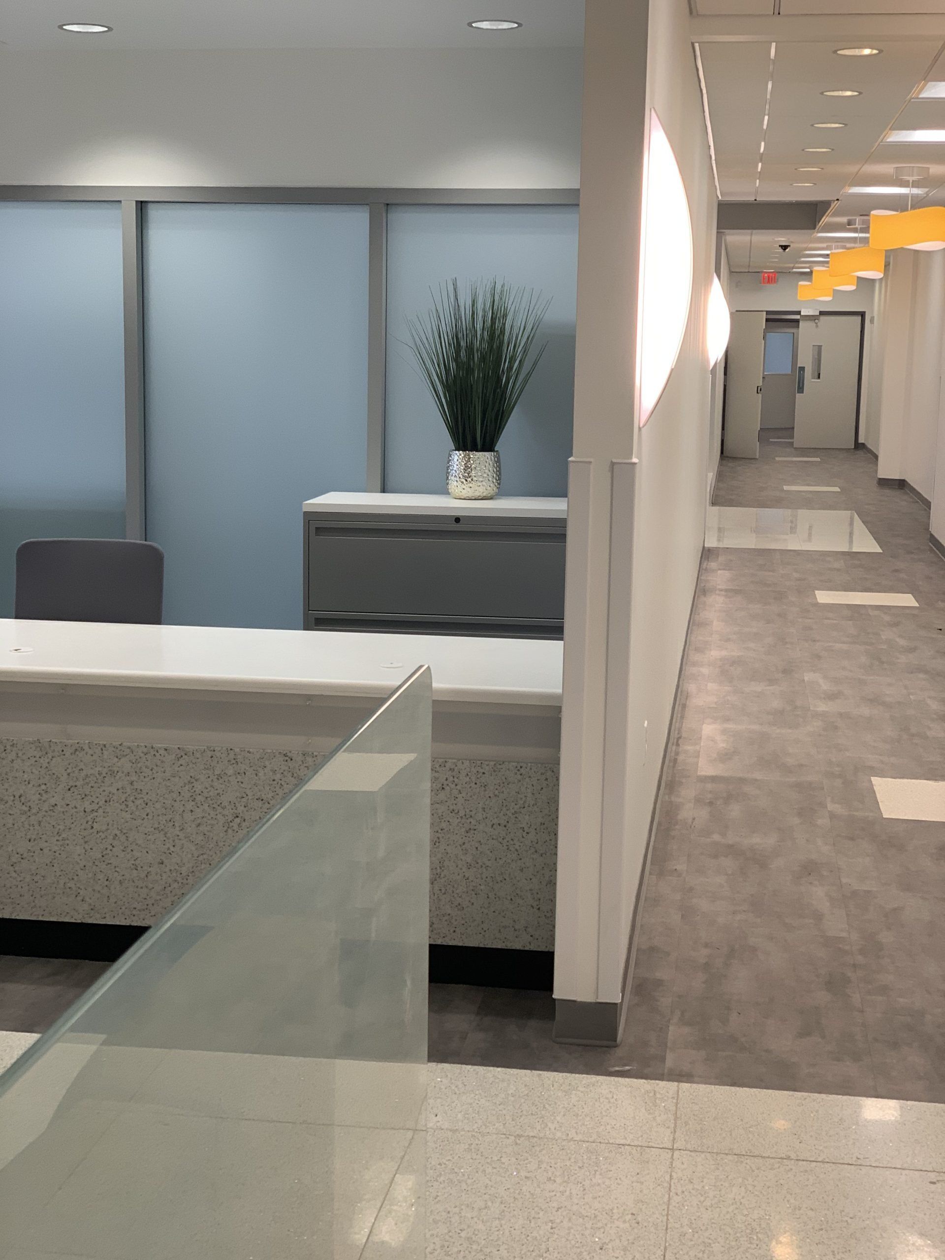 A long hallway with a desk and a plant on it
