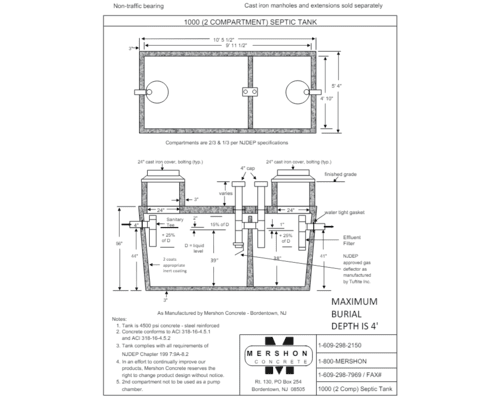 Diagram of a 1000-gallon, two-compartment septic tank with dimensions and specifications.