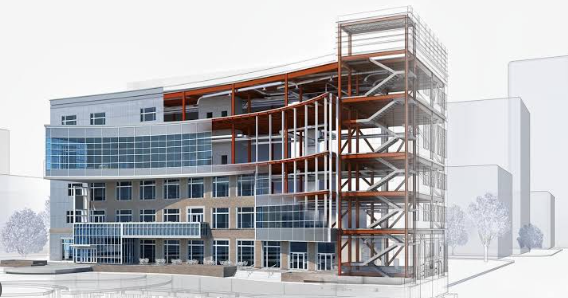 Modern multi-story building rendering with blue glass facade and exposed steel framework on the right