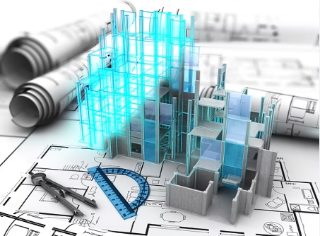 Blue 3D building model on architectural blueprints with drafting tools and rolled plans