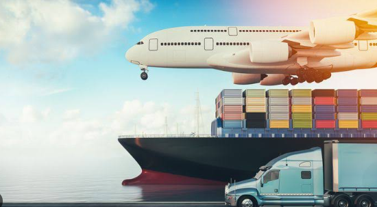 Cargo ship with stacked containers, a truck, and an airplane above, symbolizing global logistics.