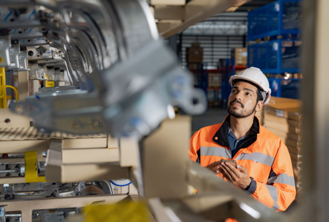 Engineer in orange safety vest inspecting machinery in an industrial factory