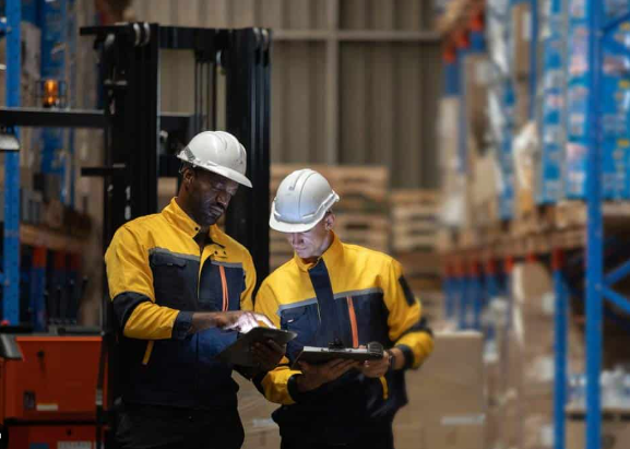 Two workers in hard hats reviewing plans in a warehouse aisle