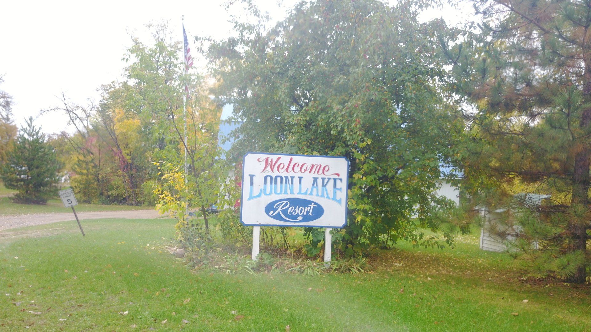 A welcome sign for loon lake is in the middle of a grassy field.