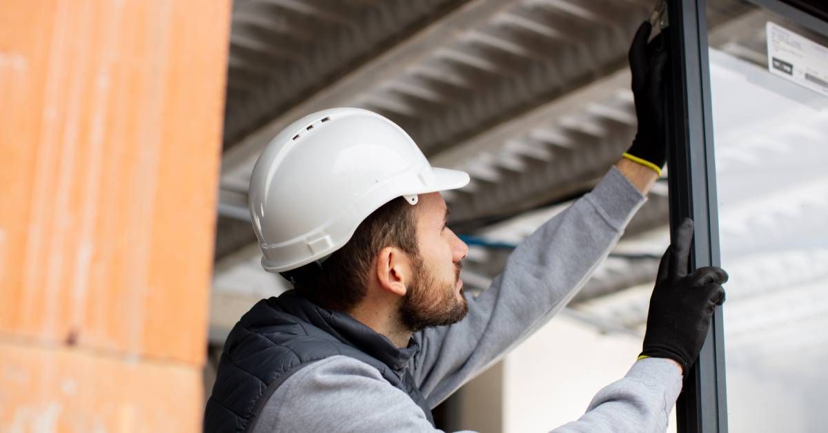 A male contractor wearing a white hard hat and gloves is installing a sliding door into a new buildi