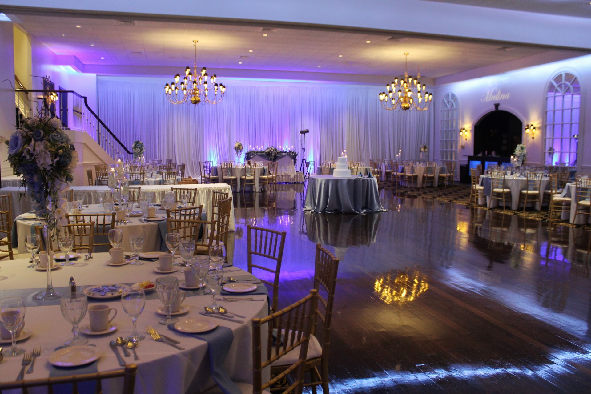 Slate Blue Wedding with White Draping 