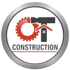 Circular logo for OT Construction with saw blade, hammer, house outline. White, red, gray, and black on silver.