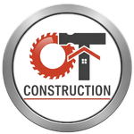 Circular logo for OT Construction with saw blade, hammer, house outline. White, red, gray, and black on silver.