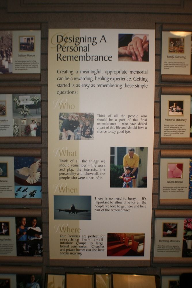 Poster board titled “Designing a Personal Remembrance” with photos, text, and illustrations on a wall display