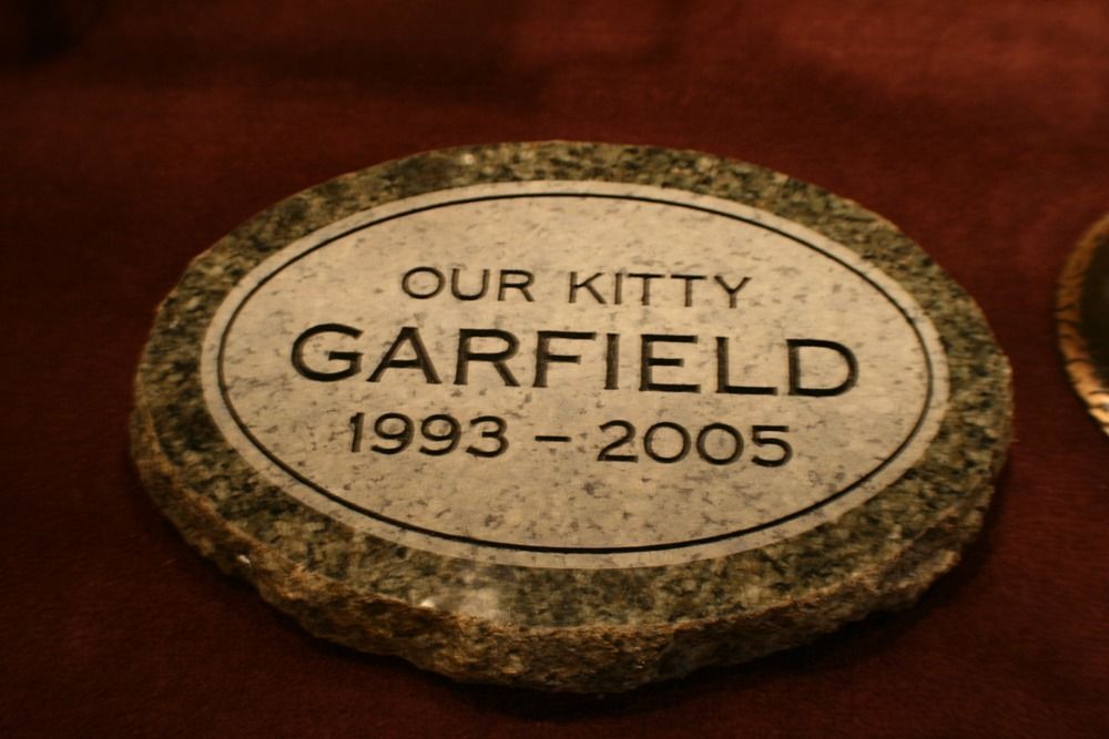 Gravestone reading “Our Kitty Garfield 1993–2005”