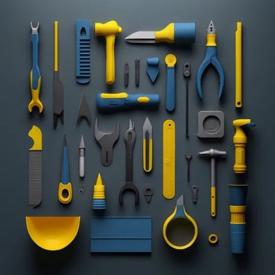Abstract and interesting tools and gadgets in Horizon Seven's brand colours and style, symbolizing our capacity, tools, and ways of working.